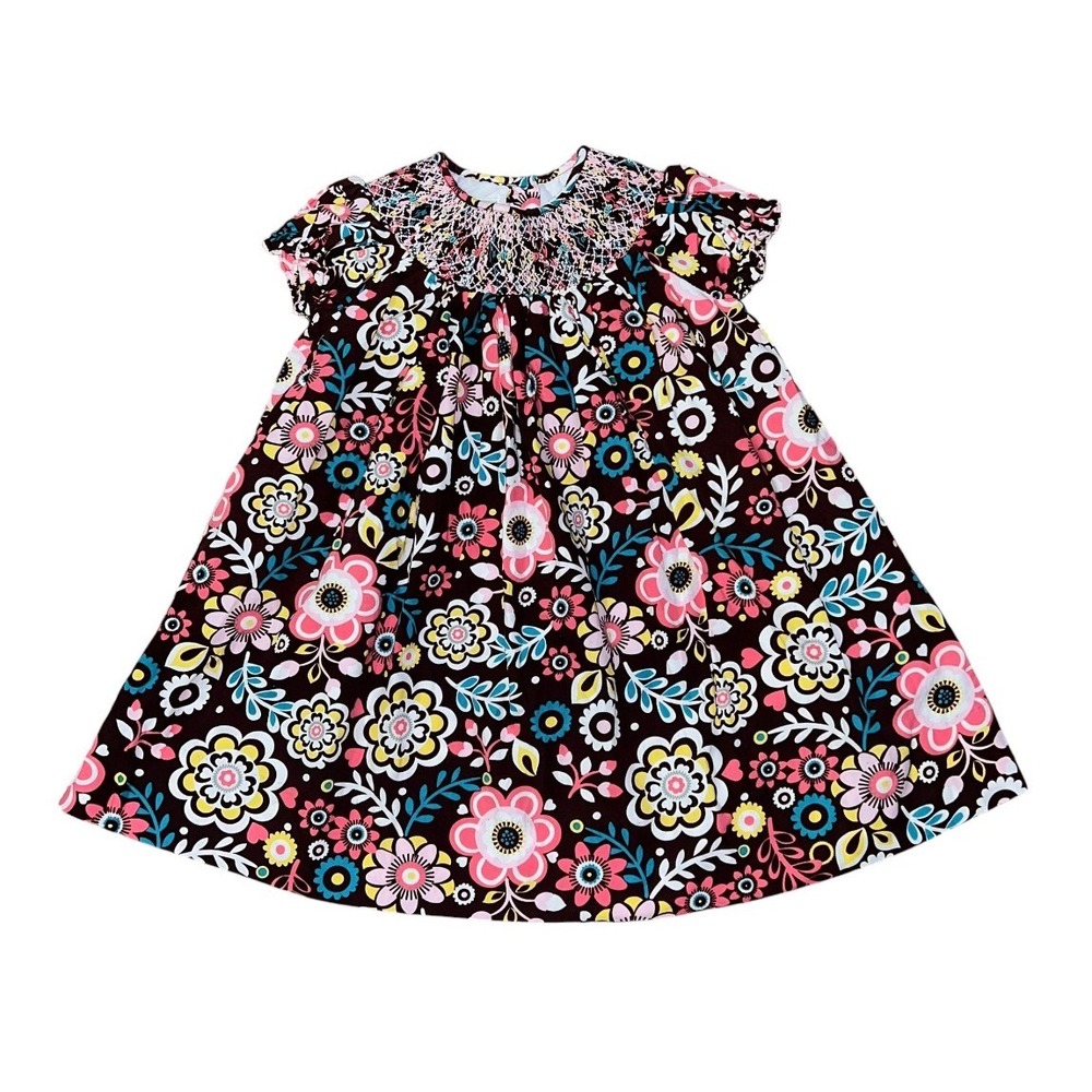 Marmellata Girls 2T Floral Smocked Dress Brown and Pink short sleeve